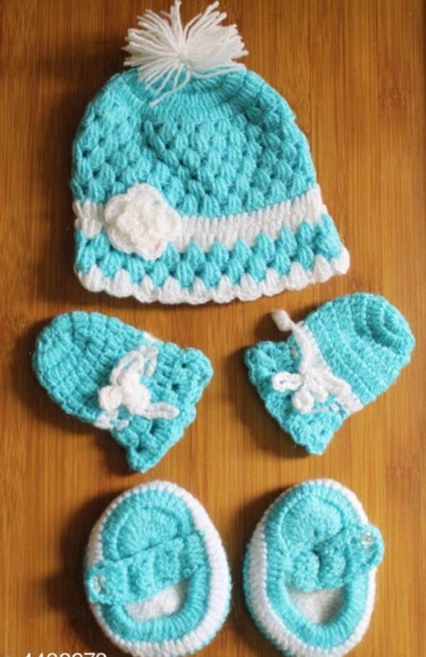 Trendy Wool Infants Caps Combo 1 Piece Of Baby Cap 1 Pair Of Baby Booties & 1 Pair Of Baby Mittens - 12-18 Months